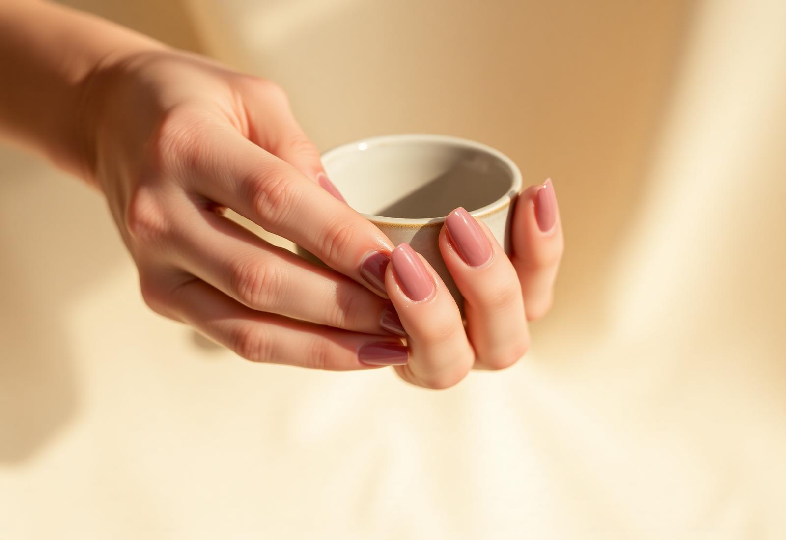 Rosige Nagellook-Inspiration im warmen Licht
